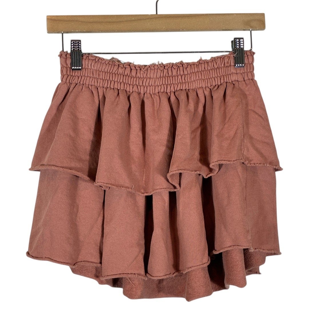 Aerie Tiered Ruffle Solid Mini Skirt Dusty Rose Boho Smocked 100% Cotton Size S